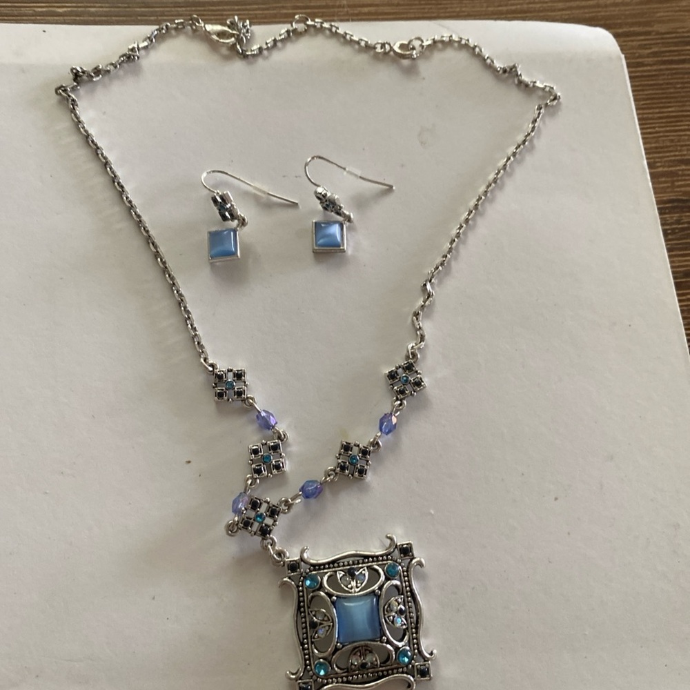 Avon Silver-Tone Necklace and Earrings with Light Blue and Turquoise Accents
